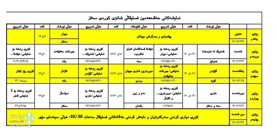 جدول اجراهای هفدهمین جشنواره تئاتر کوردی سقز اعلام شد . 2